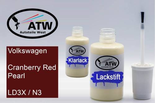 Volkswagen, Cranberry Red Pearl, LD3X / N3: 20ml Lackstift + 20ml Klarlack - Set, von ATW Autoteile West.